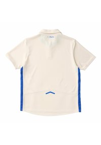 Weißes Sporttrikot mit blauen Seitenpaneelen, kurzen Ärmeln, Kragen und dem Schriftzug "FC Porto" in der Nähe des oberen Rückenkragens.