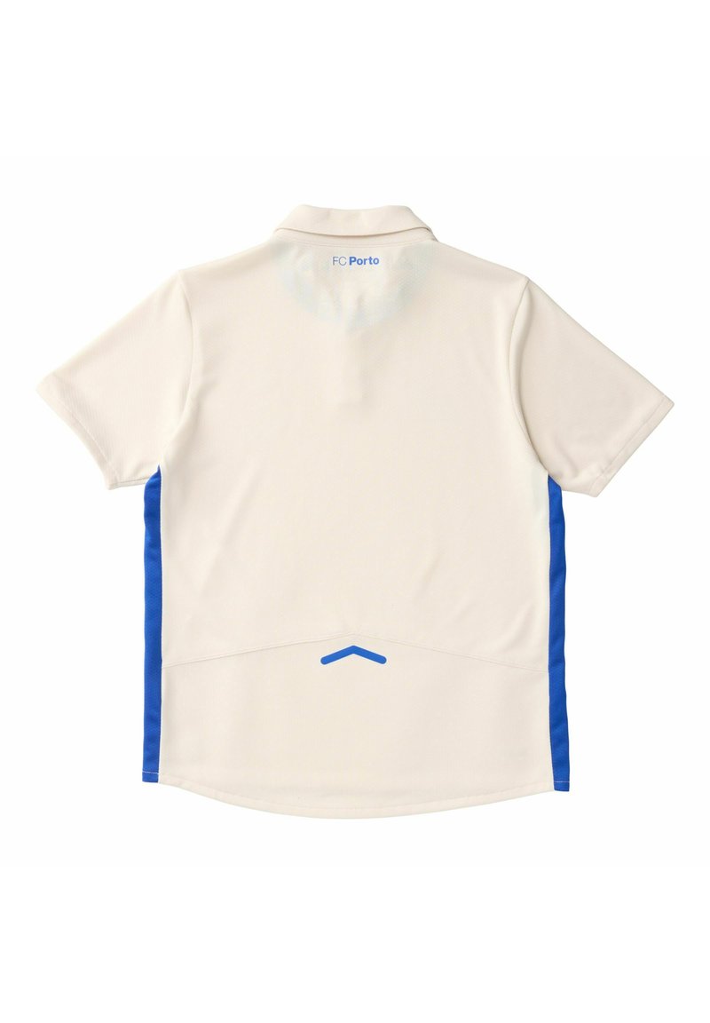 Weißes Sporttrikot mit blauen Seitenpaneelen, kurzen Ärmeln, Kragen und dem Schriftzug "FC Porto" in der Nähe des oberen Rückenkragens.