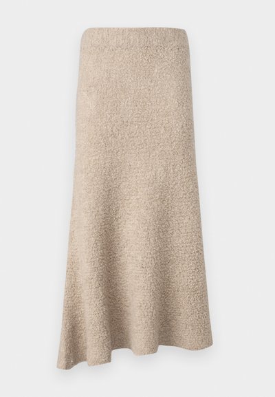 Knä-length, A-linjeformad kjol i mjukt beige material med en texturerad yta och inga synliga knäppningar eller mönster.