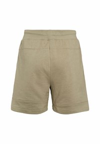 Shorts en coton beige vus de dos, avec une taille élastique et des détails de couture simples près de l'ourlet.