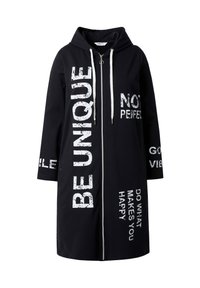 Zwarte hoodie met een frontale rits. Bevat witte tekst: "WEES UNIEK," "NIET PERFECT," en motiverende zinnen. Katoenen materiaal; ontspannen pasvorm.