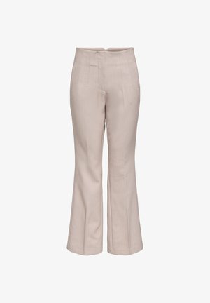 Beige, høytlivs, rett bukse med subtile detaljer i frontsøm og skjult lukking foran, vist på hvit bakgrunn.