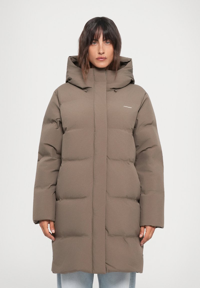 Brown padded long coat with a high collar and hood. Features a full front zipper and elastic accents. Smooth texture, modern design.