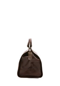 Borsa in pelle marrone con forma strutturata, dotata di chiusura con zip e un singolo manico superiore. Texture liscia e design minimalista.