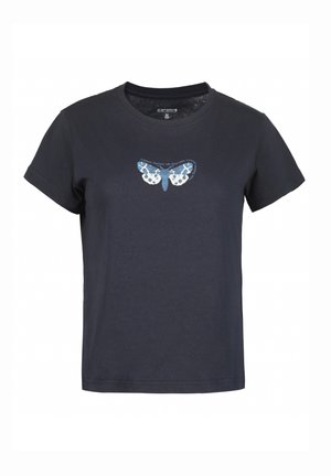 Navy cotton t-shirt with short sleeves; features a blue butterfly graphic with white accents and text underneath. Classic crew neck design.