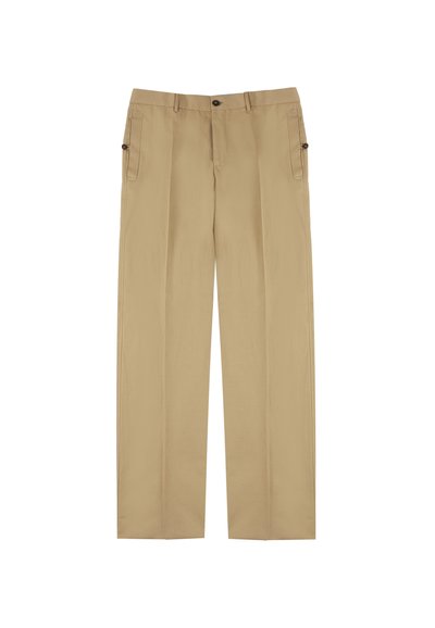Pantalons beiges à jambes droites en tissu léger. Comprend des poches avant et une fermeture à bouton. Texture lisse, éléments de design minimaux.