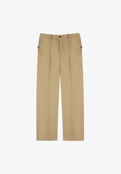 Beige, gerade geschnittene Hose aus leichtem Stoff. Verfügt über Taschen auf der Vorderseite und einen Knopfverschluss. Glatte Textur, minimalistische Designelemente.