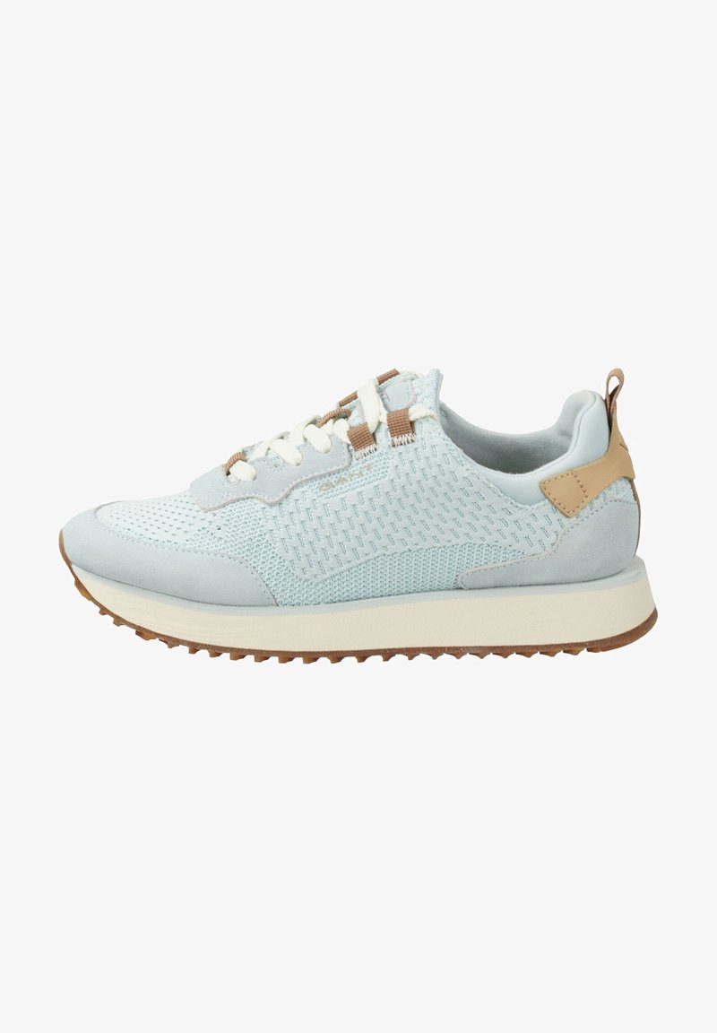 Light blue sneaker with mesh and suede materials, cream accents, textured design, and a rubber sole featuring a tread pattern.