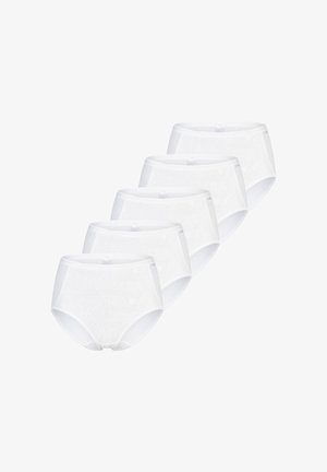 Cinq culottes pour femmes blanches à taille haute avec motif en dentelle florale, disposées en diagonale sur un fond blanc.