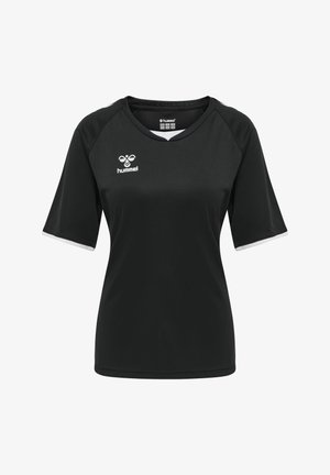 Svart sportskjorta gjord av lättviktsmaterial med korta raglanärmar. Har en vit logotyp på vänster bröst och kontrasterande kant på ärmarna.