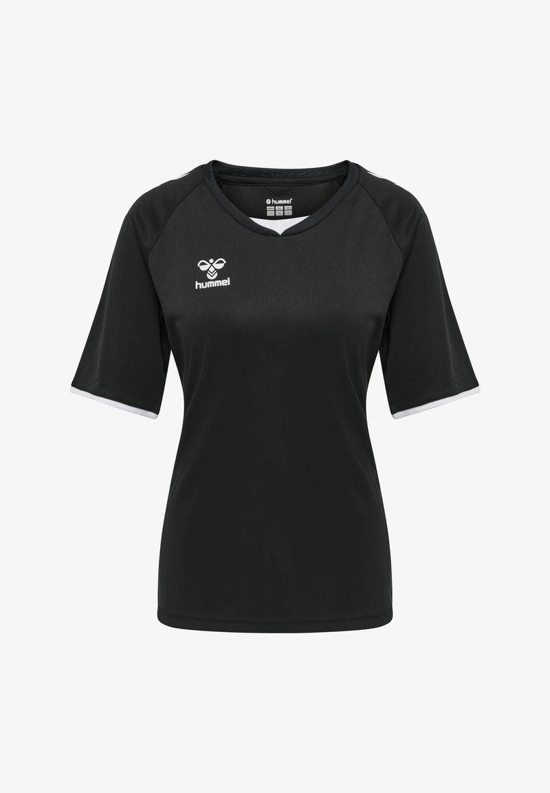 Schwarzes Sporthemd aus leichtem Stoff mit kurzen Raglanärmeln. Verfügt über ein weißes Logo auf der linken Brust und kontrastierendes Band an den Ärmeln.