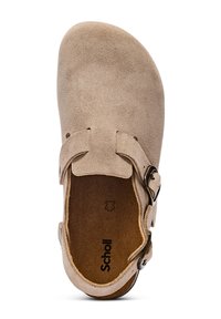 Beige suède instap schoenen met een ronde neus, verstelbare gespsluiting en zichtbare binnenzolen. Merkom te zien "Scholl" binnenin.