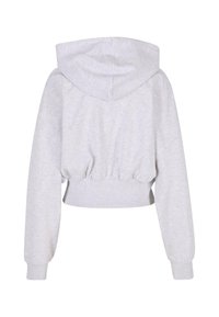 Felpa grigia tagliata con una texture morbida, dotata di cappuccio con cordino, maniche lunghe e vita arricciata per un look aderente.
