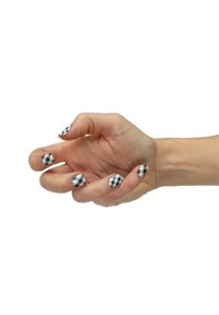 Hand with short, rounded nails featuring black and white checkered patterns. Skin tone is light with visible hand details and textures.