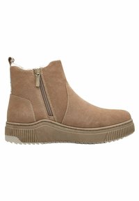 Bottes Chelsea en suède beige avec des zips latéraux, semelles en caoutchouc texturé et intérieur rembourré. Présente un design cousu sur le dessus.