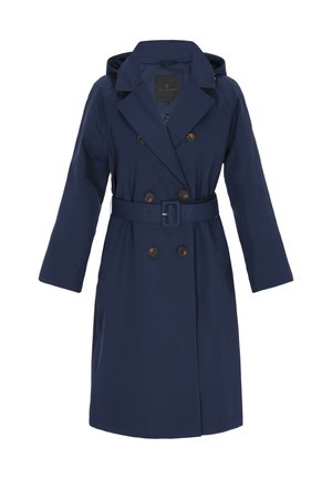 Marineblå trenchcoat med hætte, dobbeltradet design, store knapper, bælte i taljen og lange ærmer. Glat, vandafvisende stof.