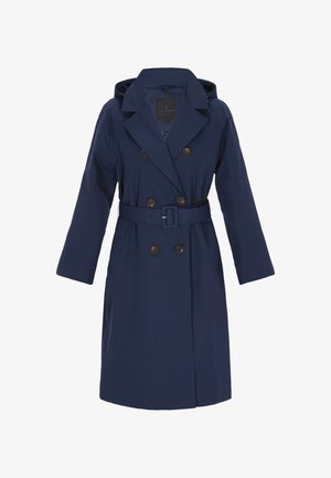 Marineblauer Trenchcoat mit Kapuze, doppelreihigem Design, großen Knöpfen, tailliertem Gürtel und langen Ärmeln. Glatter, wasserabweisender Stoff.
