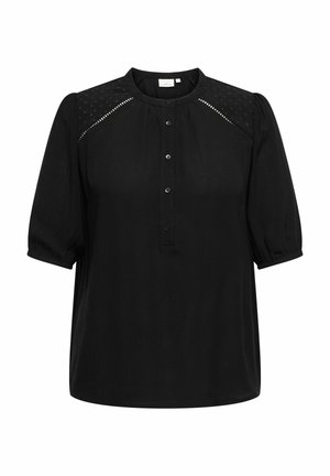 Blusa nera con scollo tondo, chiusura a bottoni e maniche corte a palloncino. Presenta dettagli strutturati sulle spalle e un tessuto liscio.