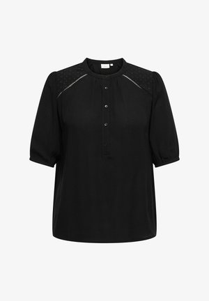 Black blouse with a round neck, button closure, and short puff sleeves. Features textured shoulder accents and a smooth fabric.
