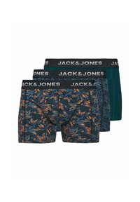 Drei Männerboxershorts mit einem schwarzen elastischen Bund mit "JACK & JONES"-Logo, eine einfarbig dunkelgrün, zwei mit einem dunklen Blattmuster und orangefarbenen Akzenten.