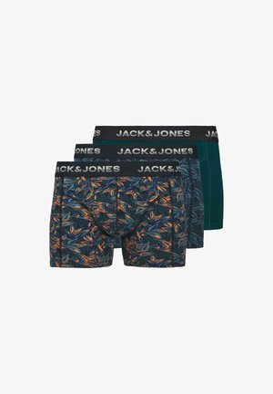 Trio af herrebokser med en sort elastisk talje med "JACK & JONES" logo, en ensfarvet mørkegrøn, to med et mørkt bladmønster og orange accenter.