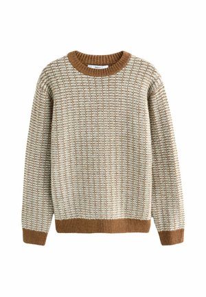 Beige knit sweater with a textured pattern, round brown ribbed neckline, and ribbed cuffs and hem. Features a woven design throughout.