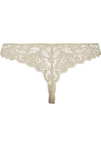 Kantstring in lichtbeige, versierd met bloemmotieven en golvende randen. Gladde textuur met een smalle achterkant en een decoratieve strikdetail.