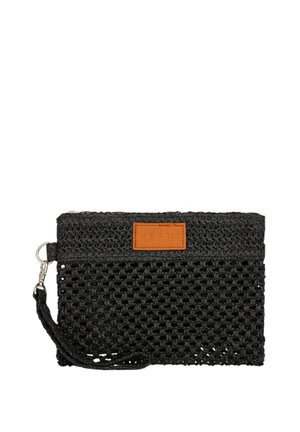Clutch nera intrecciata di forma rettangolare, con un motivo testurizzato, un logo in pelle e una cintura da polso.