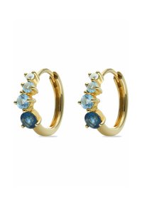 Guldörhängen i form av hoops med fem ädelstenar: tre ljusblå och två mörkblå, i klorformade inställningar med en slät yta.