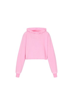 Croptop mikina z měkkého růžového materiálu. Obsahuje kapuci se šňůrkou, oversized rukávy a žebrované manžety, což vytváří uvolněný siluetu.