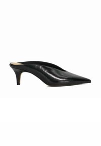 Black leather mule with a pointed toe and a mid-height heel. The design features a smooth surface and minimal detailing for a sleek appearance.