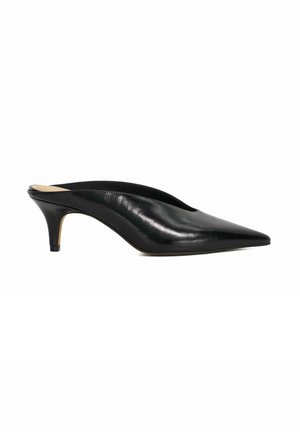 Black leather mule with a pointed toe and a mid-height heel. The design features a smooth surface and minimal detailing for a sleek appearance.