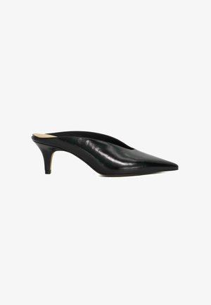 Black leather mule with a pointed toe and a mid-height heel. The design features a smooth surface and minimal detailing for a sleek appearance.