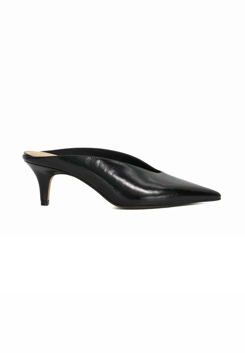 Black leather mule with a pointed toe and a mid-height heel. The design features a smooth surface and minimal detailing for a sleek appearance.