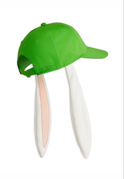 Φωτεινό πράσινο καπέλο μπέιζμπολ με ρυθμιζόμενο λουράκι και δύο μακριά λευκά και ροζ αυτιά κουνελιού προσαρτη μένα στο πίσω μέρος.
