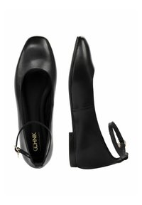 Czarne skórzane baleriny z kwadratowym noskiem, paskiem wokół kostki i niskim obcasem. Gładka tekstura i minimalistyczny design z subtelnym, złotym detalem.