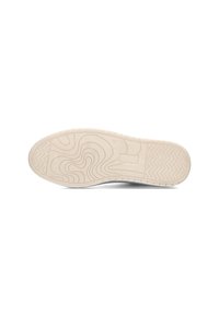 Semelle d'une sneaker avec un motif texturé, présentant des lignes ondulées et en zigzag, principalement en blanc et en beige clair.