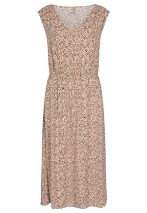 Robe midi fleurie avec un col en V, des manches courtes, une taille élastique, et un tissu léger texturé rose à petites fleurs multicolores.