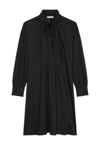 Schwarzes Kleid mit hohem Kragen, langen Puffärmeln, Kordelzug und gerafftem Taillenteil. Hergestellt aus glattem Stoff mit einem entspannten Schnitt.