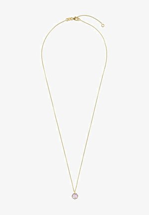 Goldene Kettenhalskette mit einem zentralen, helllilanen Edelstein-Anhänger. Die Kette ist filigran und hat einen einfachen Karabinerverschluss.