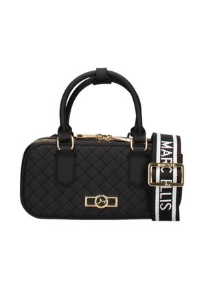 Sac à main matelassé noir avec double poignée, fermeture éclair dorée, emblème logo et bandoulière réglable noire et blanche de la marque Marc Ellis.