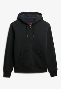 Zwarte zip-up hoodie met een gevoerde binnenkant. Voorzien van trekkoorden, voorzakken en goudkleurige ritsaccessoires. Zacht materiaal, ribgebreide manchetten en zoom.