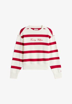 Kremowy sweter z czerwonymi poziomymi paskami, z okrągłym dekoltem i ściągaczami na rękawach. "Tommy Hilfiger" haftowane na czerwono na klatce piersiowej.
