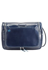 Borsa a tracolla in pelle blu navy con texture liscia, tasca frontale con zip, accento logo blu e doppie zip. Include una tracolla regolabile.