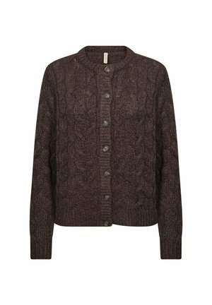 Donkerbruine gebreide cardigan met kabelpatronen, lange mouwen, ronde hals en vooraan knoopsluiting met zeven knopen.