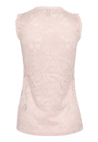 Růžová krajková bezrukávová blůza s jemným květinovým vzorem, vlnitými okraji a měkkou, průhlednou texturou. Zadní pohled ukazuje bezproblémový design.