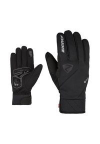 Black outdoor gloves featuring a snug fit, textured palm for grip, and reinforced areas, with branding on the back and wrist accents.