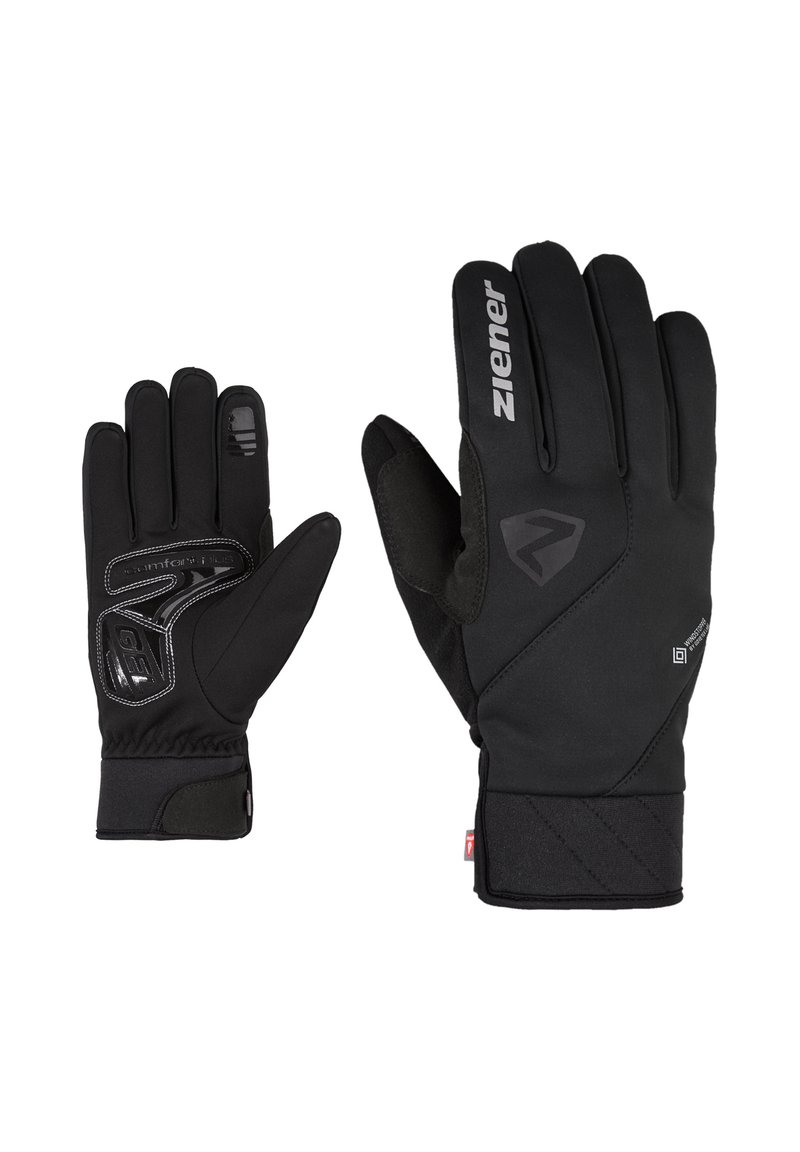 Black outdoor gloves featuring a snug fit, textured palm for grip, and reinforced areas, with branding on the back and wrist accents.