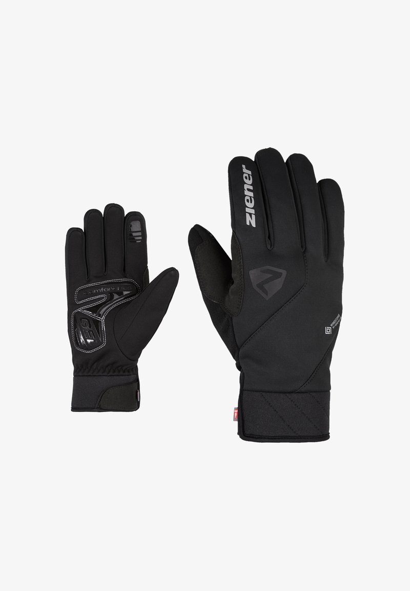 Schwarze Outdoor-Handschuhe mit enger Passform, strukturiertem Handflächenbereich für besseren Grip und verstärkten Bereichen, mit Logo auf der Rückseite und Akzenten am Handgelenk.