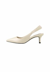 Beige nahkakengät slingback-tyyliin, terävät kärjet, hoikat korot ja pieni koristeellinen solki nauhassa. Sujuva, kiiltävä pinta.